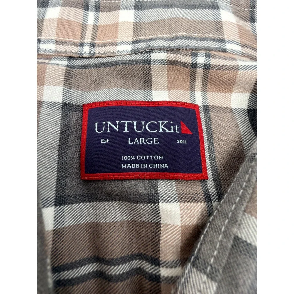 UNTUCKit Men's‎ Large Brown Grey Plaid Button Down Flannel Shirt 100% Cotton